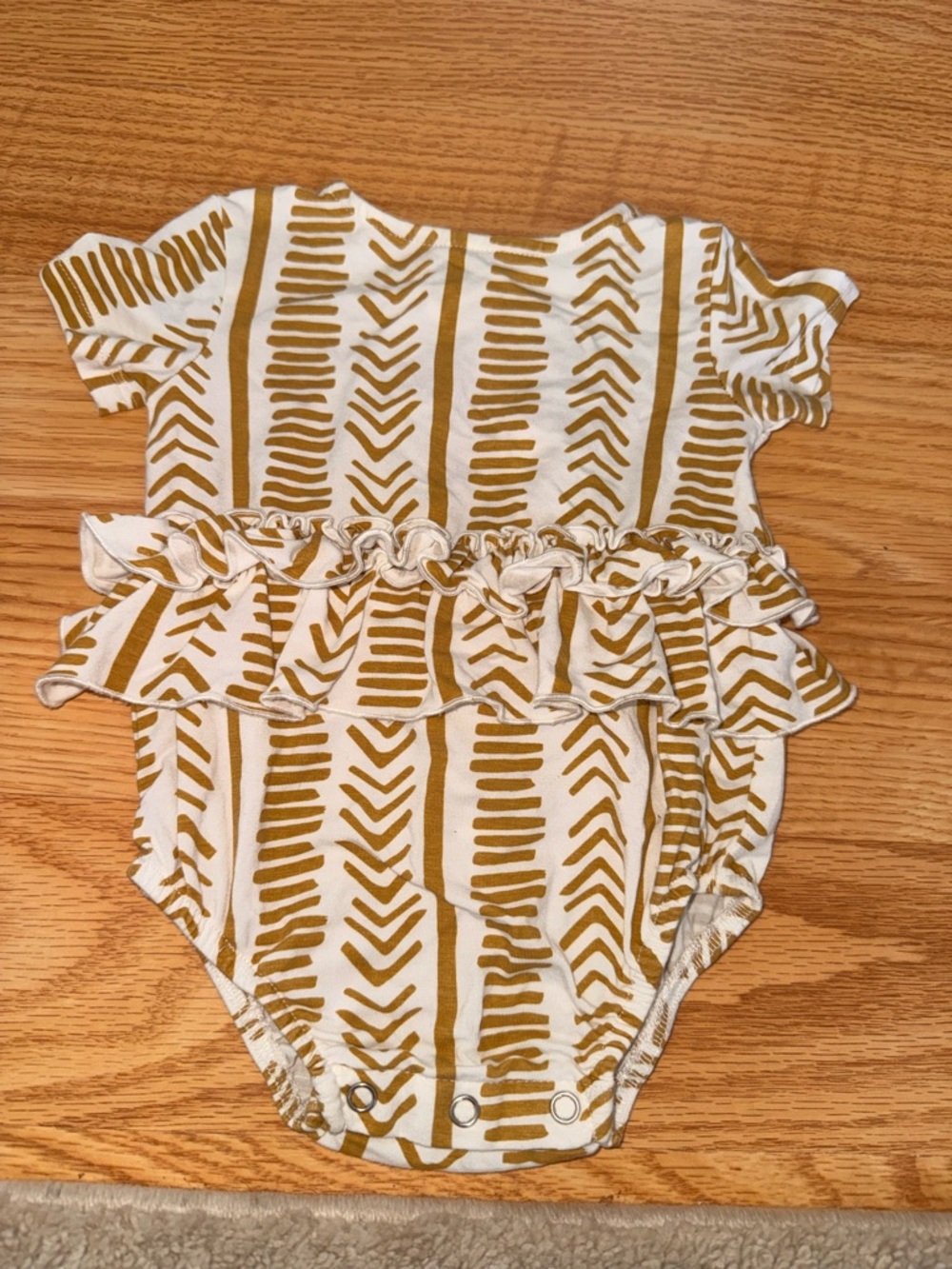 Kate Quinn Ruffled Baby One-Piece in White and Mustard Stripe